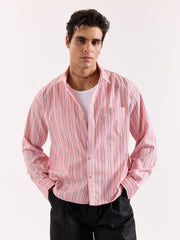 Salmon Pink & Blue Striped Poplin Oversized Shirt
